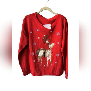 V28 Women's Red Sparkly Festive Christmas Holiday Sequin Reindeer Sweater L NWT